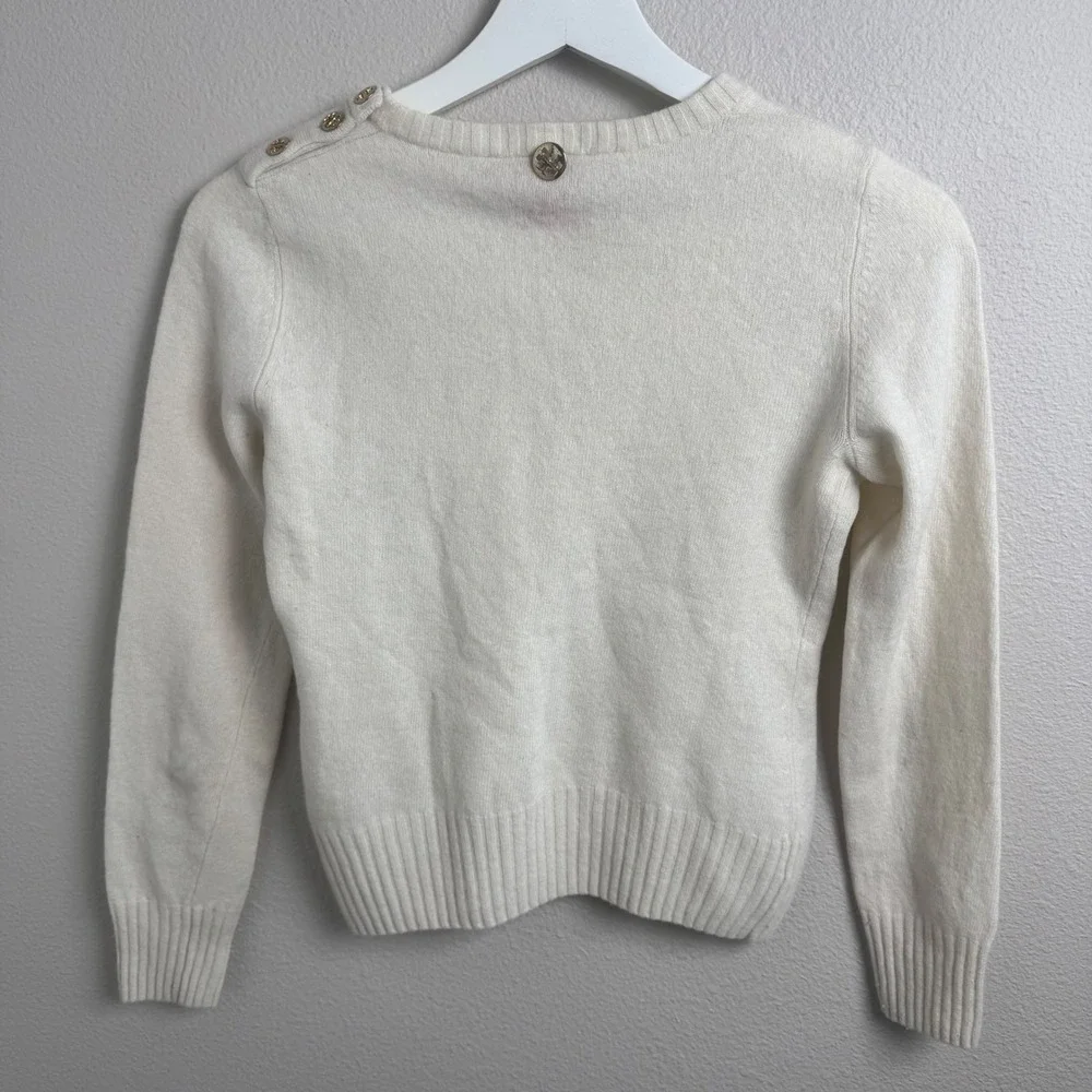 Tory Burch Logo Button Shoulder Sweater Small XS Ivory Merino Cashmere Blend